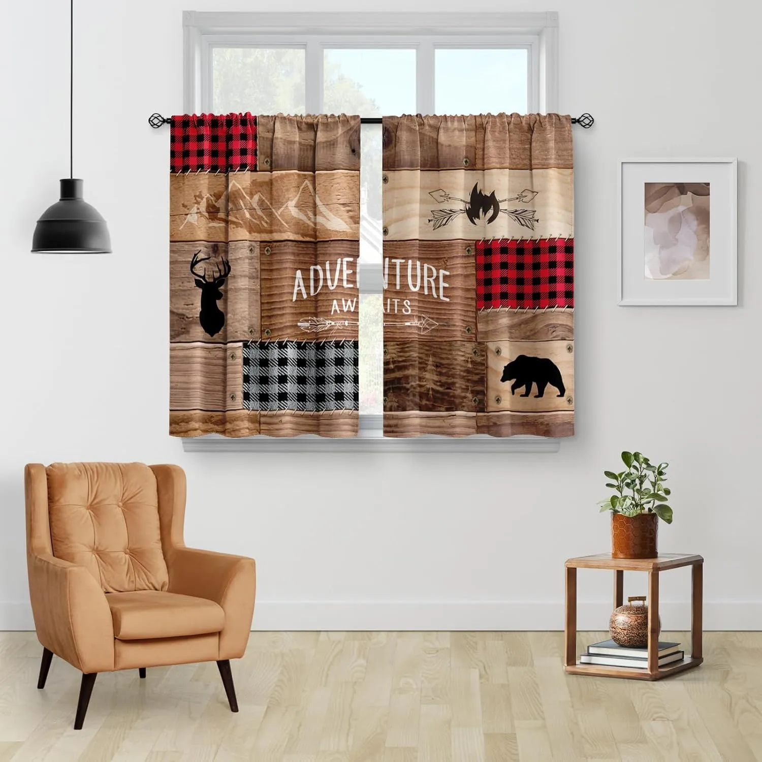 Aimego Rustic Wooden Kitchen Curtains - Farmhouse Cabin Bear Deer Country Retro Small Short Cafe Tier Curtains Decor for Living Room Rod Pocket Window Drapes 2 Panels 28"x36"