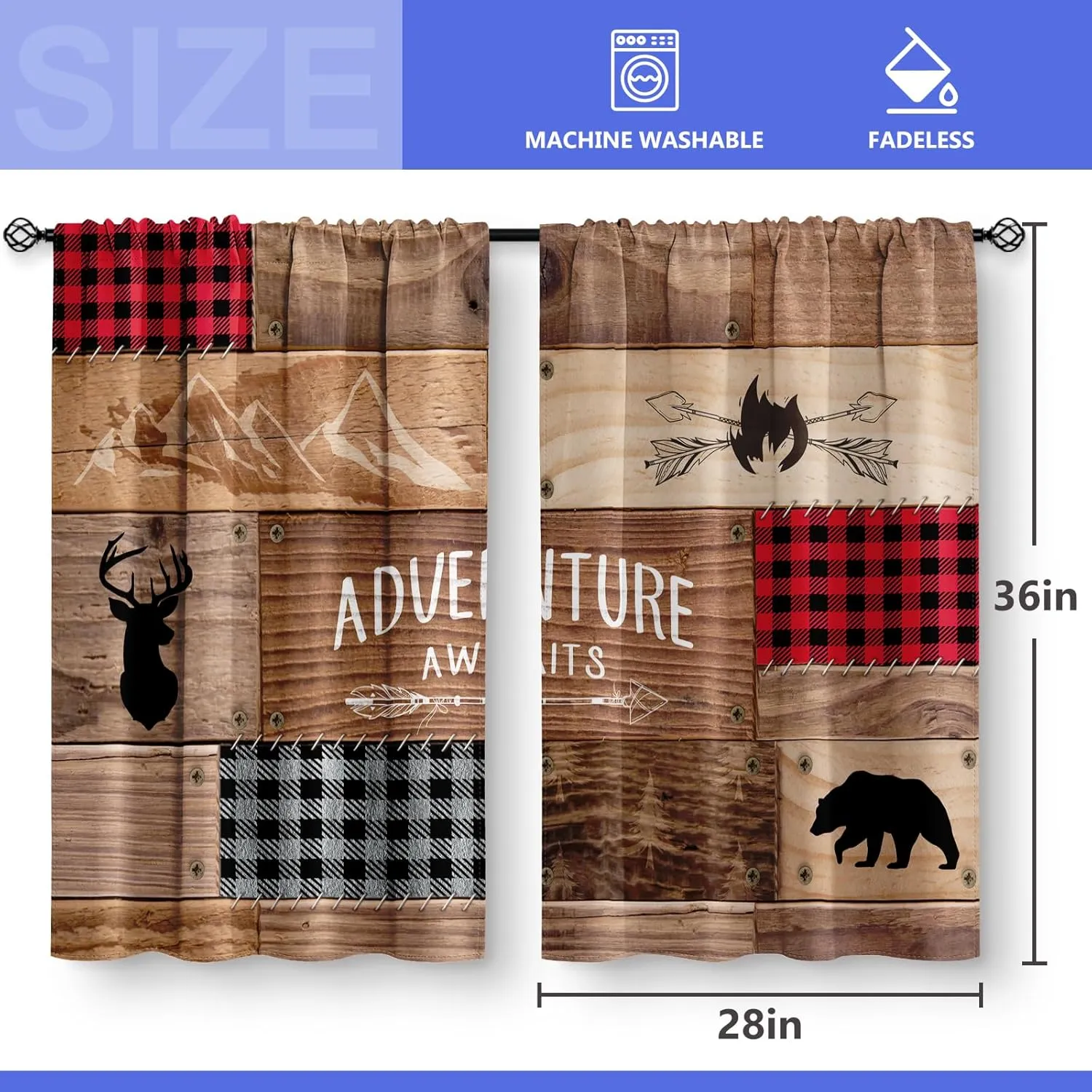 Aimego Rustic Wooden Kitchen Curtains - Farmhouse Cabin Bear Deer Country Retro Small Short Cafe Tier Curtains Decor for Living Room Rod Pocket Window Drapes 2 Panels 28"x36"