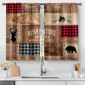 Aimego Rustic Wooden Kitchen Curtains - Farmhouse Cabin Bear Deer Country Retro Small Short Cafe Tier Curtains Decor for Living Room Rod Pocket Window Drapes 2 Panels 28"x36"