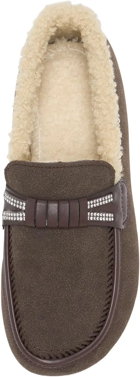 Alexis Leroy Women's Memory Foam Moccasin Slippers Fuzzy Indoor/Outdoor Slip-On Faux Fur Lining Loafers