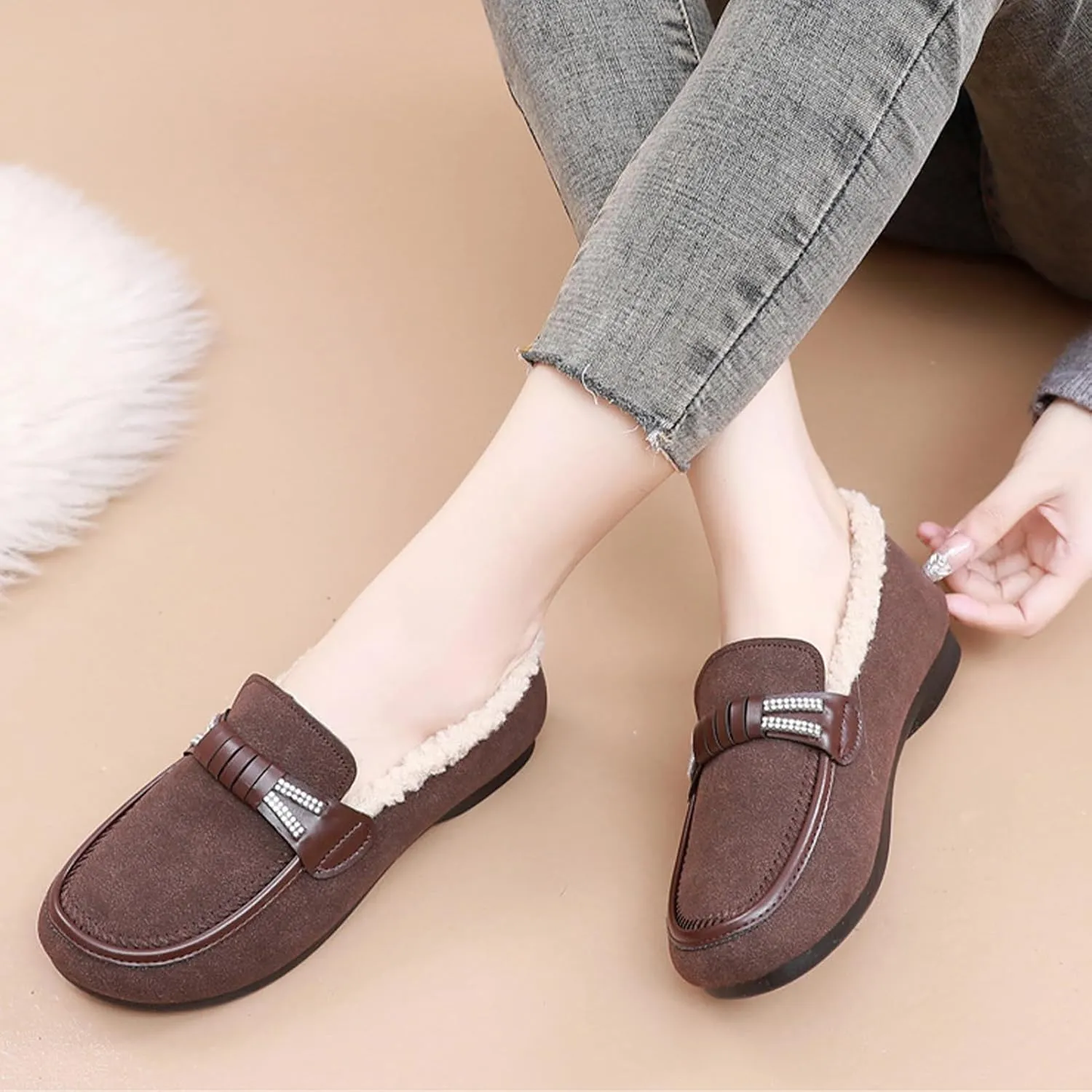 Alexis Leroy Women's Memory Foam Moccasin Slippers Fuzzy Indoor/Outdoor Slip-On Faux Fur Lining Loafers