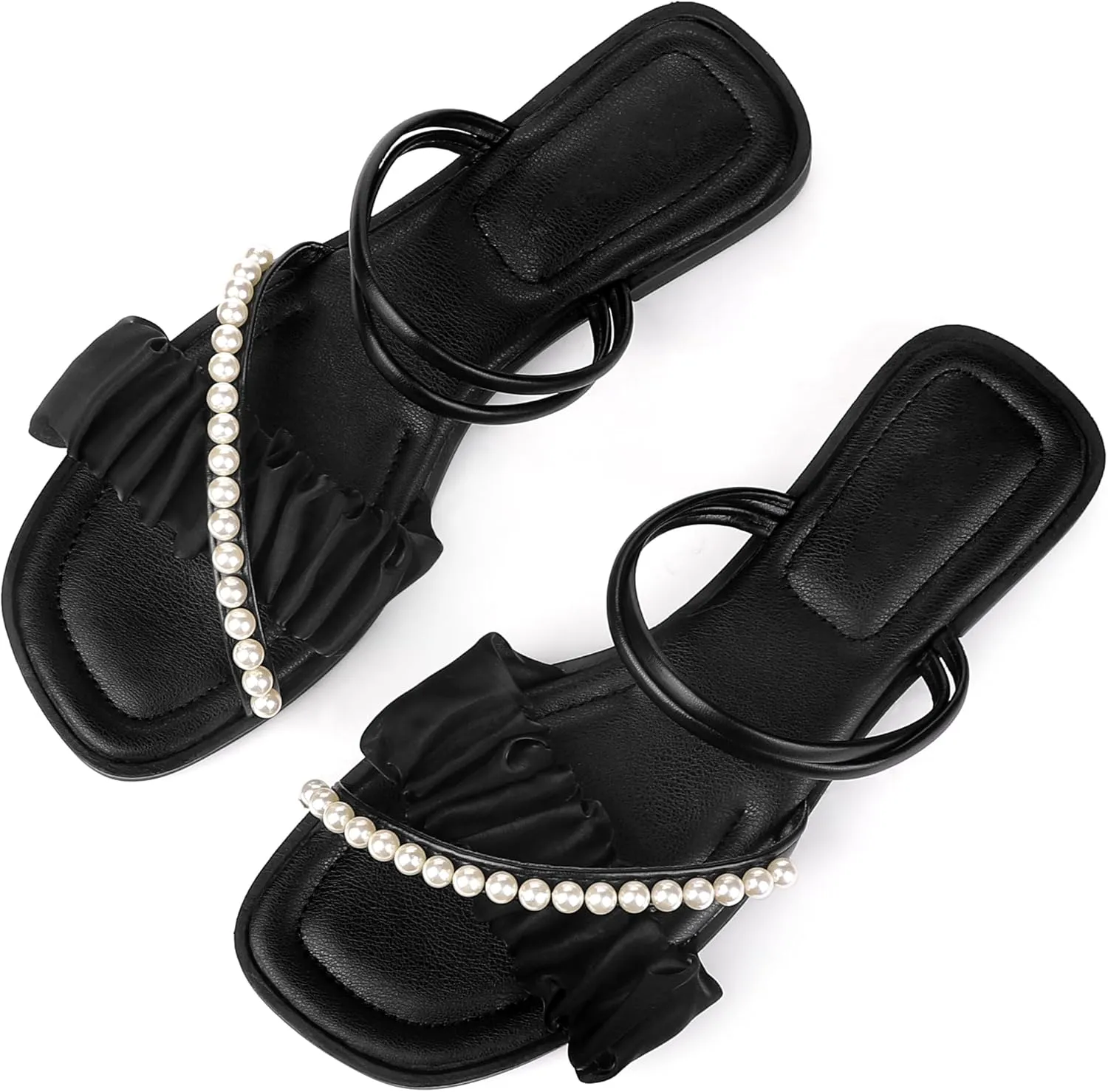 Allegra K Women's Strappy Pearl Strap Pleated Flat Slide Sandals