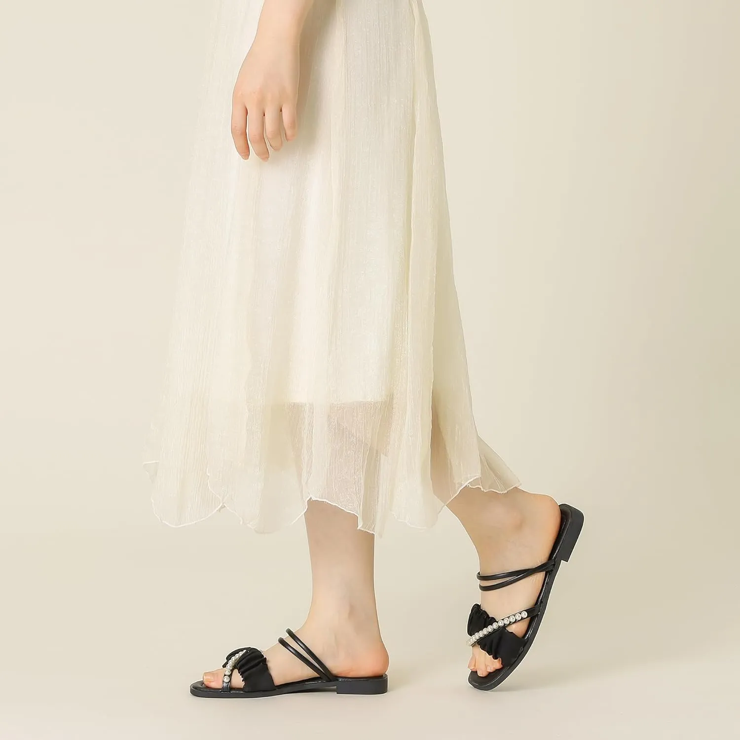 Allegra K Women's Strappy Pearl Strap Pleated Flat Slide Sandals
