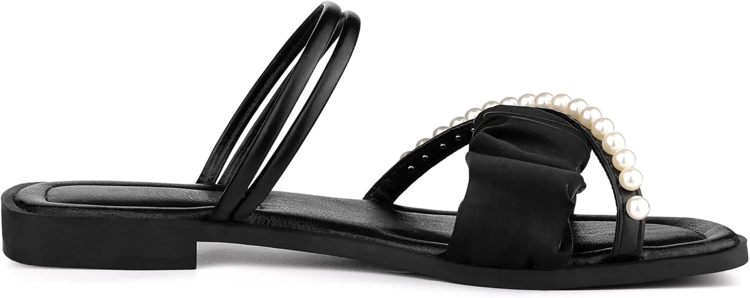 Allegra K Women's Strappy Pearl Strap Pleated Flat Slide Sandals