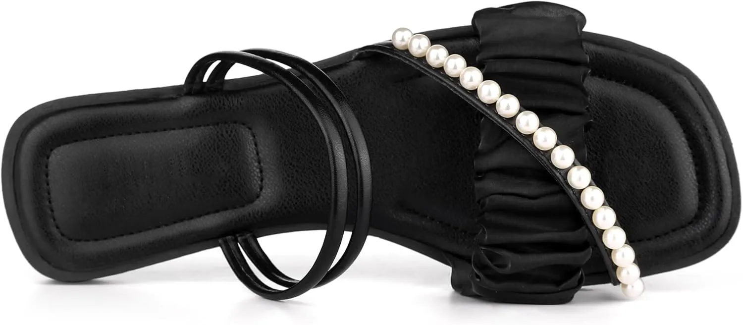 Allegra K Women's Strappy Pearl Strap Pleated Flat Slide Sandals