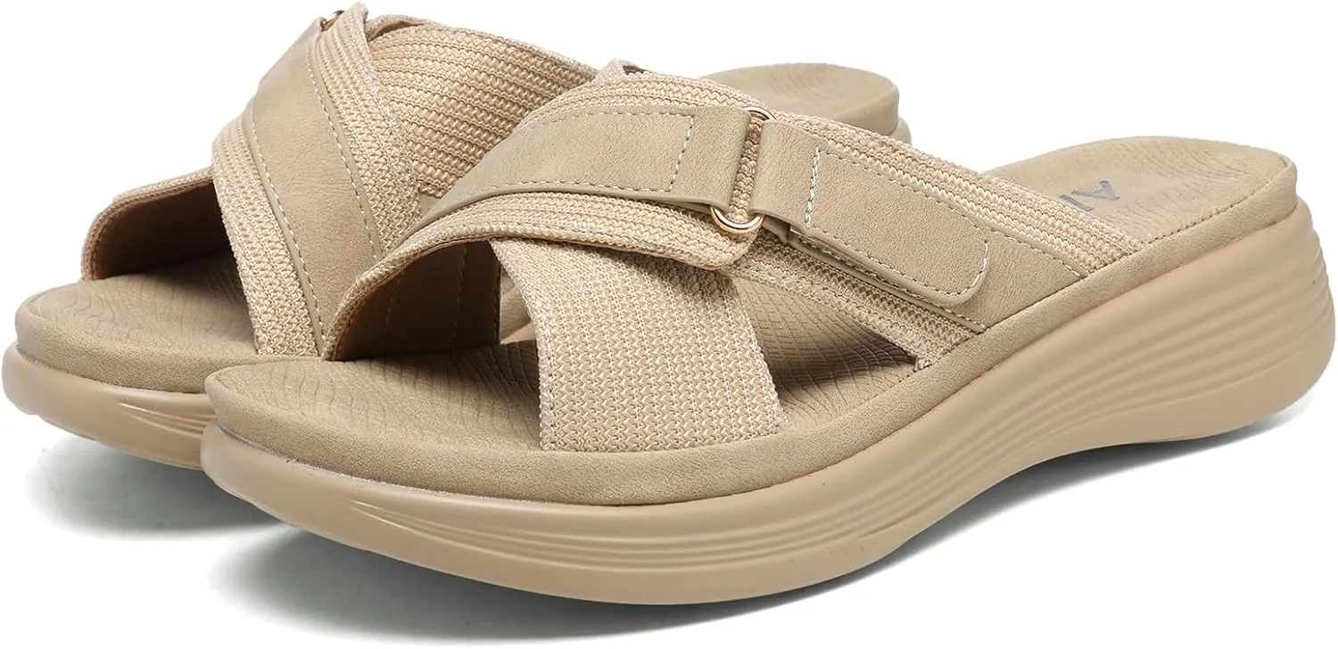 Altxic Women's Open Toe Crisscross Woven Comfy Casual Slip On Casual Walking Sport Slide Sandals With Adjustable Buckle Strap Summer Beach Shoe