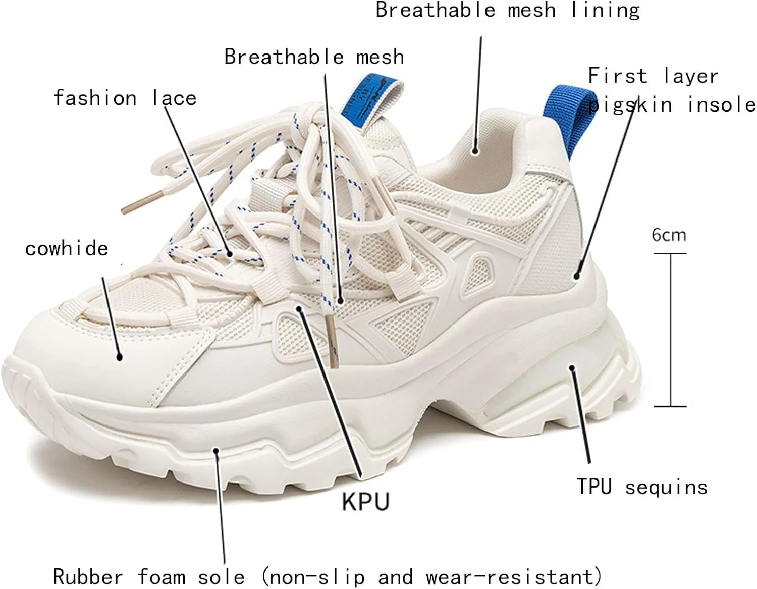 Angryapple Women's Fashion Breathable Mesh Platform Daddy Shoes, Leather Lace-Up Non-Slip Sneakers, Casual Sports Running Shoes