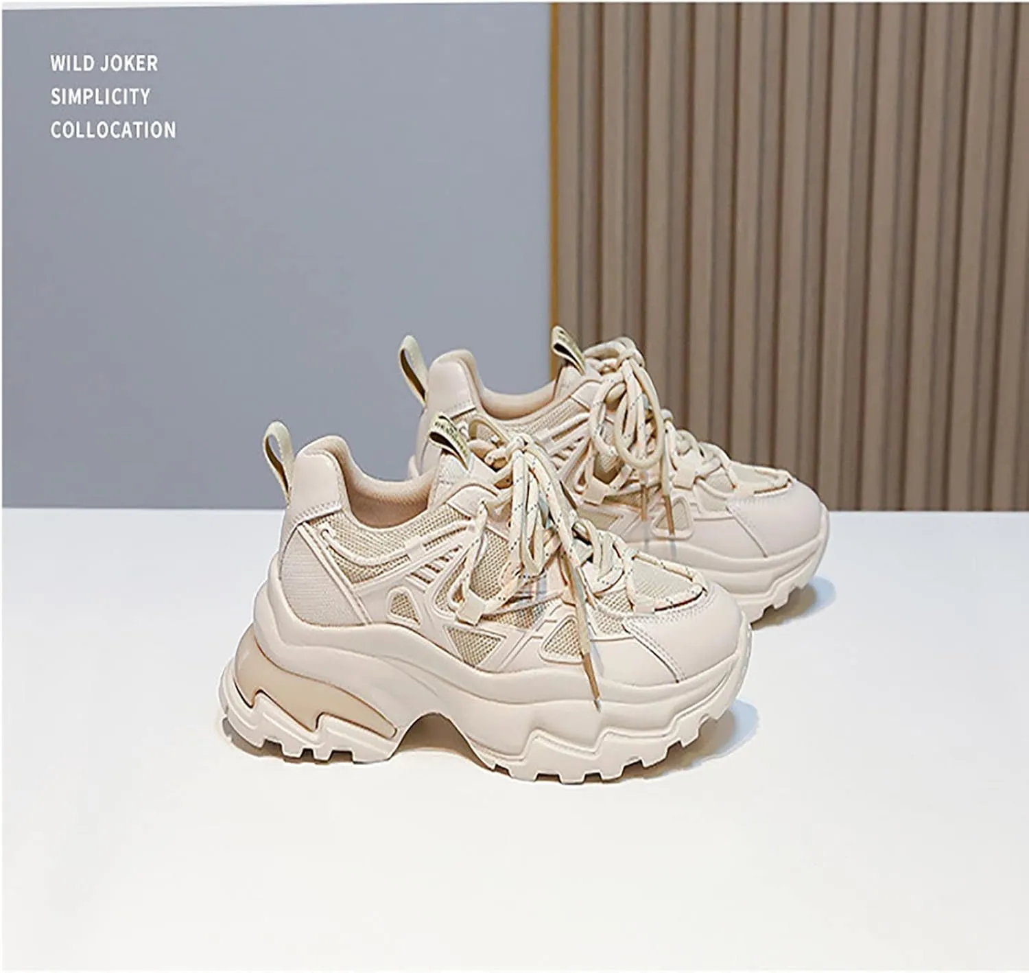 Angryapple Women's Fashion Breathable Mesh Platform Daddy Shoes, Leather Lace-Up Non-Slip Sneakers, Casual Sports Running Shoes