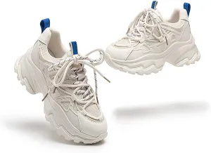 Angryapple Women's Fashion Breathable Mesh Platform Daddy Shoes, Leather Lace-Up Non-Slip Sneakers, Casual Sports Running Shoes