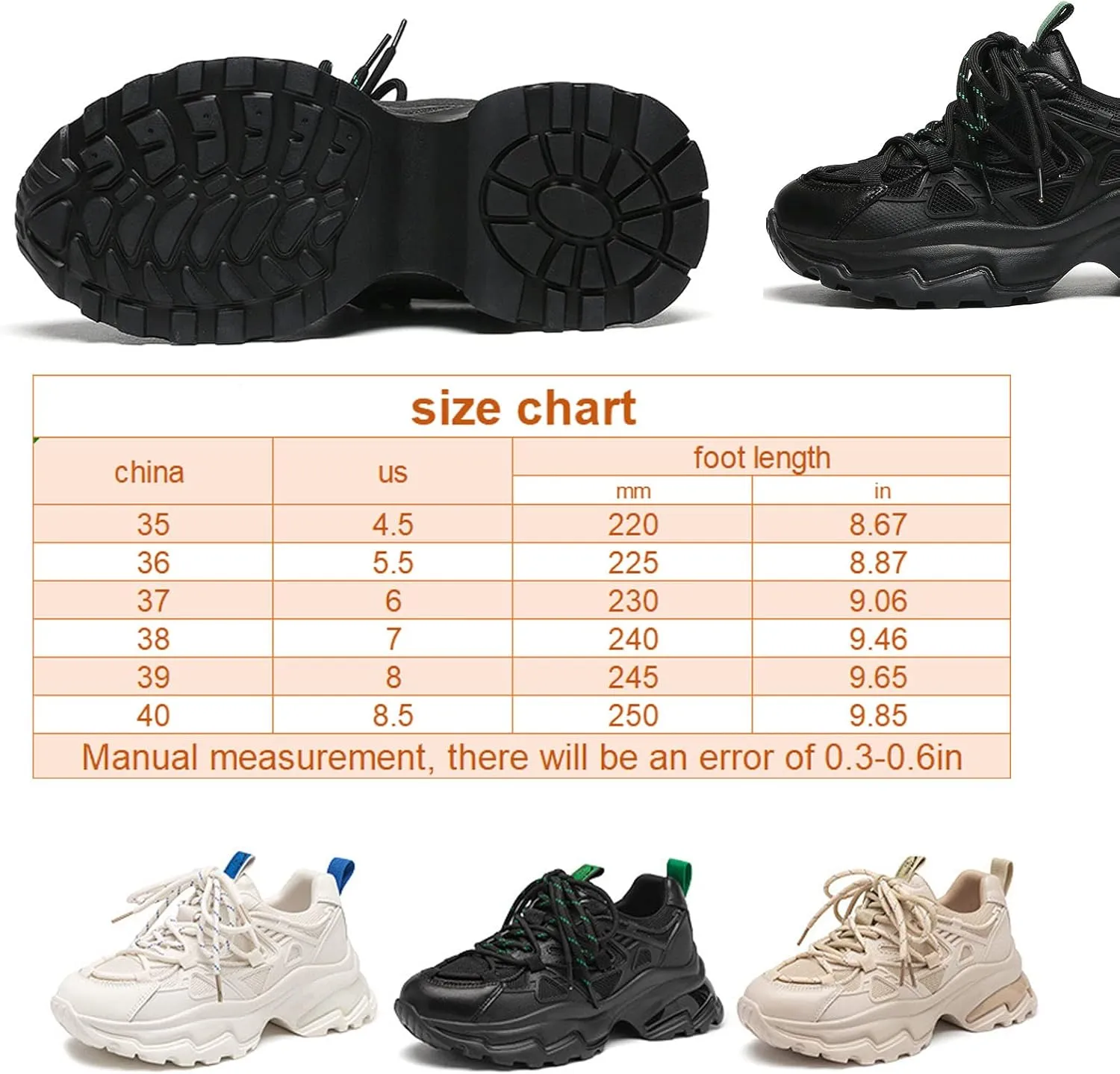 Angryapple Women's Fashion Breathable Mesh Platform Daddy Shoes, Leather Lace-Up Non-Slip Sneakers, Casual Sports Running Shoes
