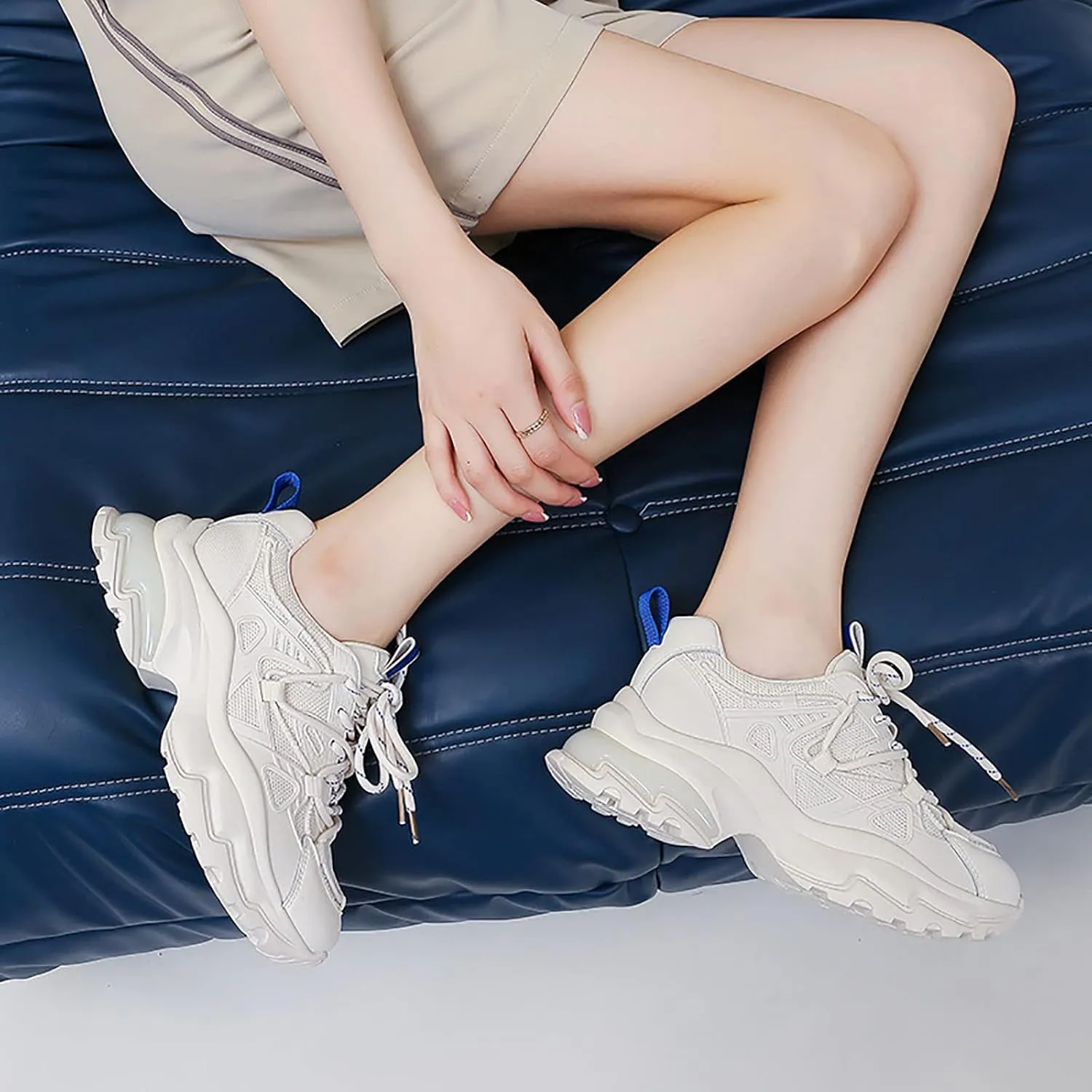 Angryapple Women's Fashion Breathable Mesh Platform Daddy Shoes, Leather Lace-Up Non-Slip Sneakers, Casual Sports Running Shoes
