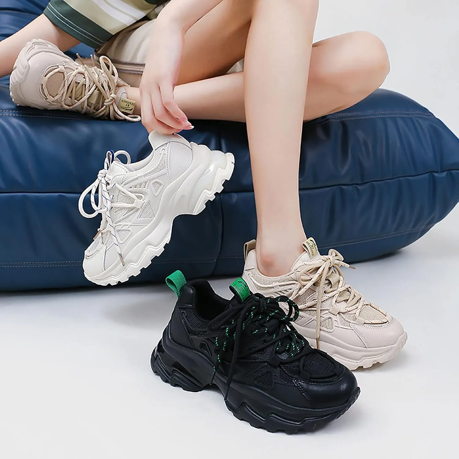 Angryapple Women's Fashion Breathable Mesh Platform Daddy Shoes, Leather Lace-Up Non-Slip Sneakers, Casual Sports Running Shoes
