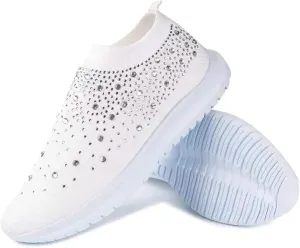 AngryMonkey Women's Rhinestones Mesh Sport Slip-on Shoes,Non Slip Good Arch Breathable Lightweight Casual Sock Sneaker Nurse Shoes