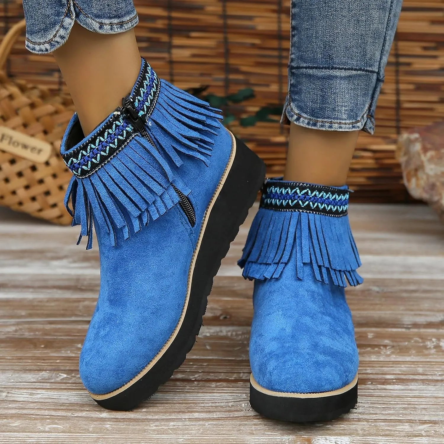 Ankle Boots for Women Fall Boots Women Comfortable Soft Sole Wedge Heel Tassel Frosted Suede Barefoot Shoes Women