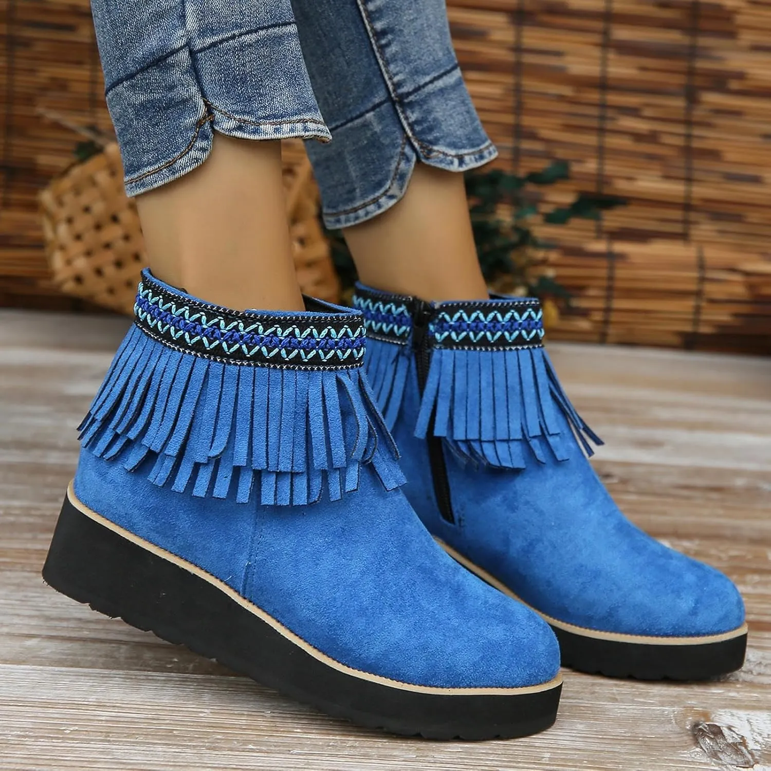 Ankle Boots for Women Fall Boots Women Comfortable Soft Sole Wedge Heel Tassel Frosted Suede Barefoot Shoes Women