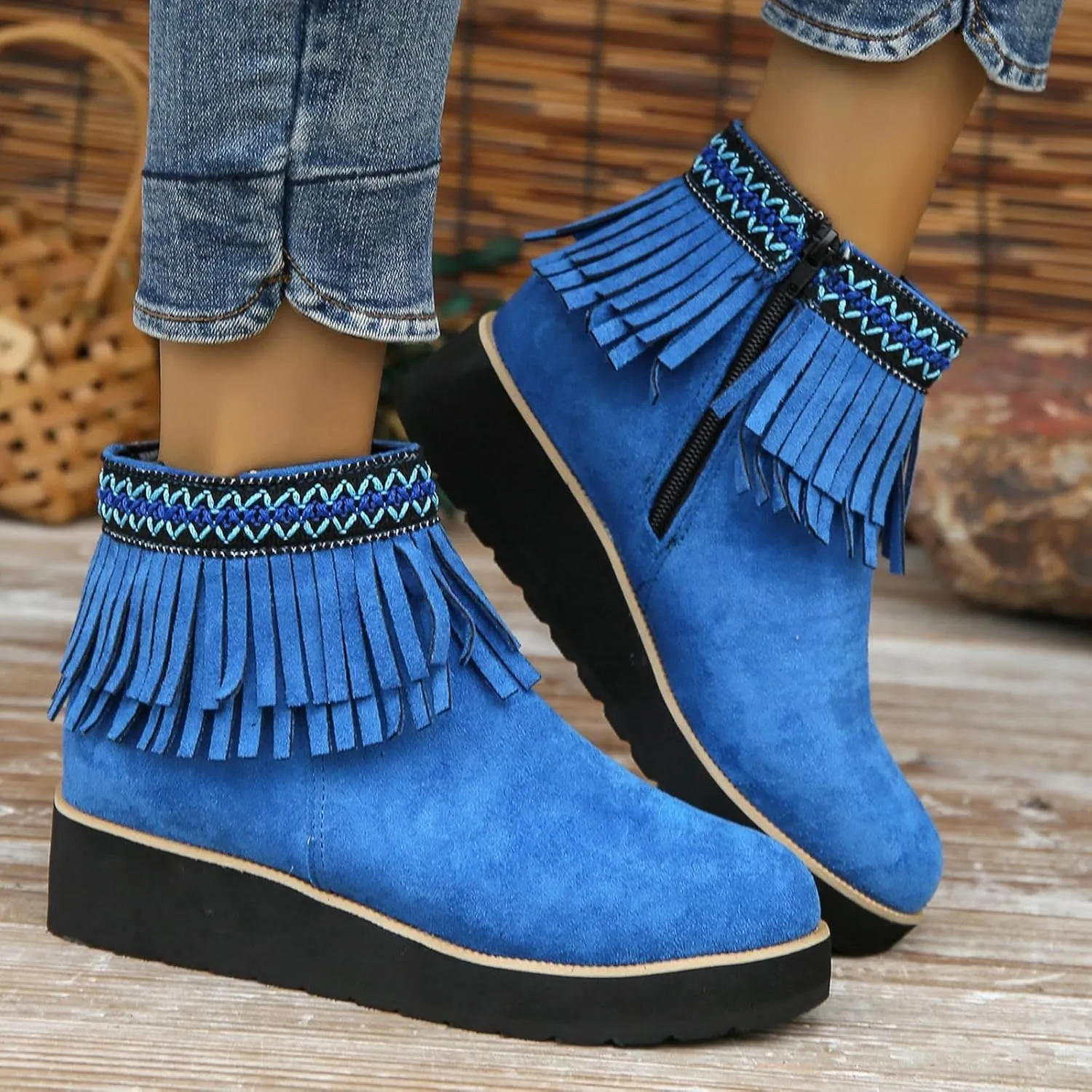 Ankle Boots for Women Fall Boots Women Comfortable Soft Sole Wedge Heel Tassel Frosted Suede Barefoot Shoes Women