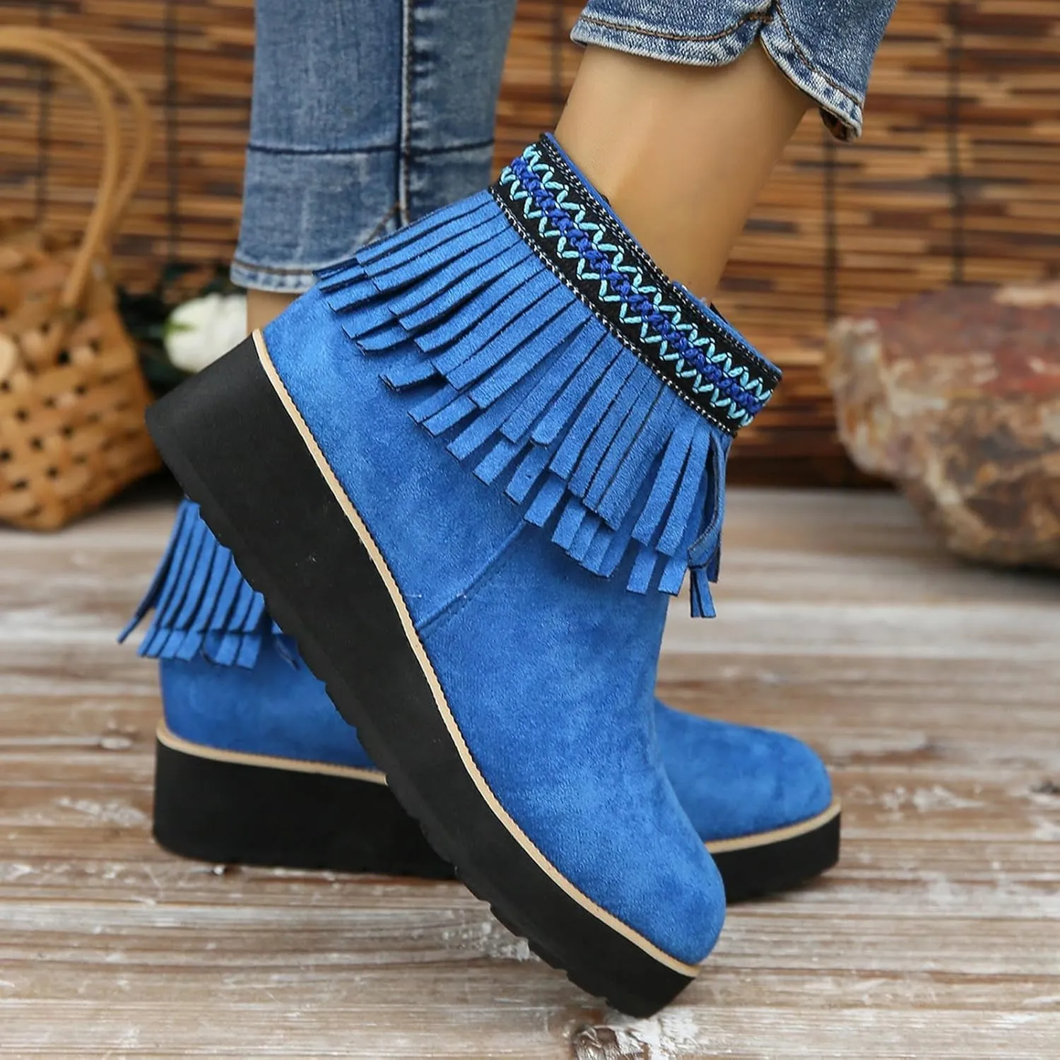 Ankle Boots for Women Fall Boots Women Comfortable Soft Sole Wedge Heel Tassel Frosted Suede Barefoot Shoes Women