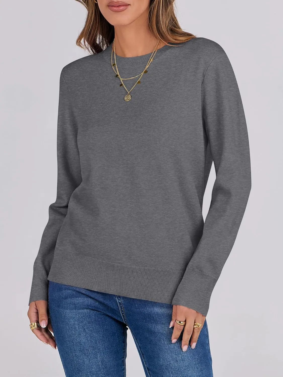 ANRABESS Women's Long Sleeve Crewneck Classic 2025 Fall Soft Loose Fit Basic Pullover Sweaters Top