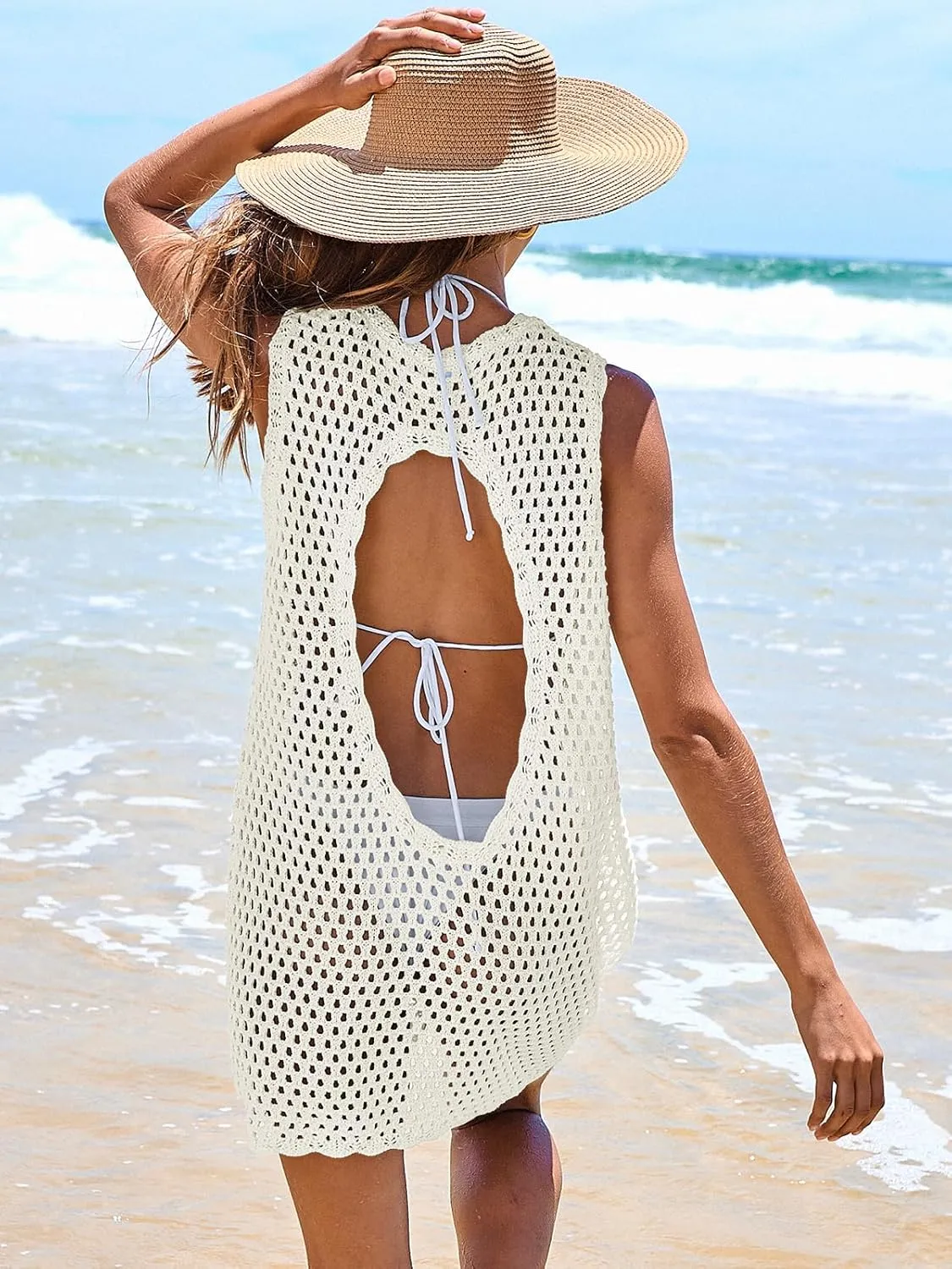 ANRABESS Womens Swimsuit Cover Up Sleeveless Knit 2025 Summer Outfits Swimwear Bathing Suit Coverup Crochet Beach Dress