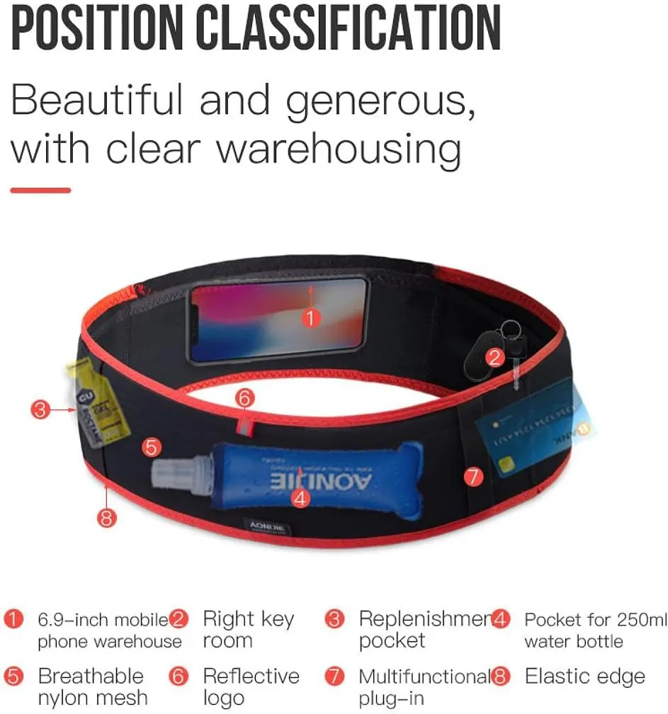 AONIJIE Running Belt Fanny Pack with 250ml Soft Water Bottle Flask for Women Men, Moisture Wicking Waist Pack Great for Marathon Climbing Jogging Cycling, for 6.8in Mobile Phone (Black Blue: S/M)