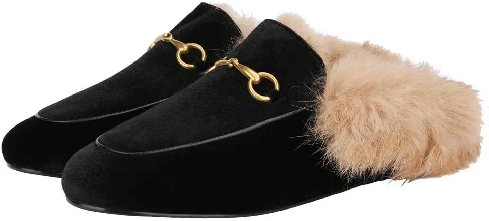Arqa Fur Mules for Women Comfortable Leather Buckle Mule Flats Furry Padded Backless Loafers Casual Slides Shoes