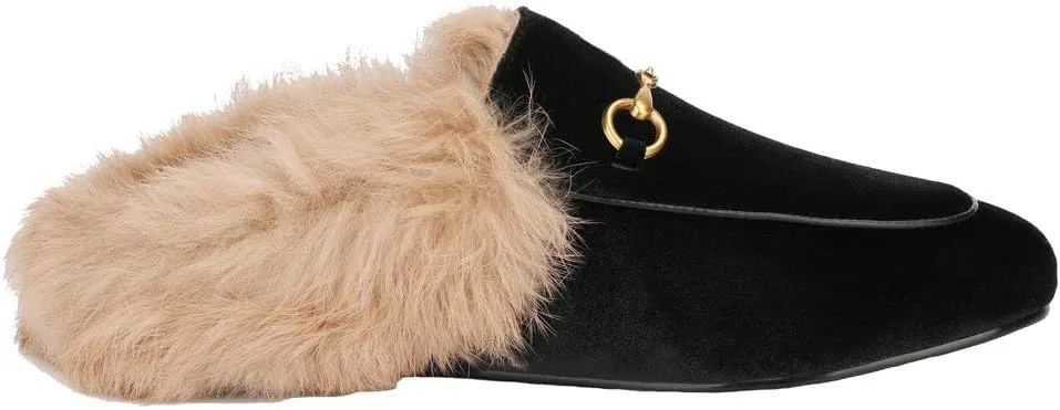 Arqa Fur Mules for Women Comfortable Leather Buckle Mule Flats Furry Padded Backless Loafers Casual Slides Shoes