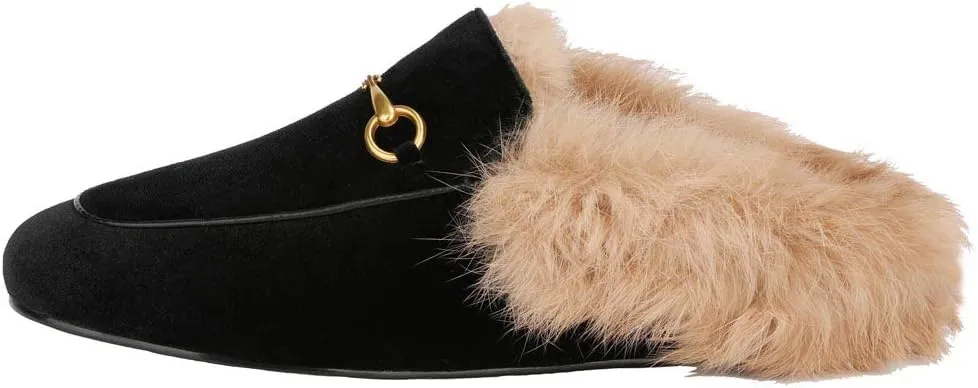 Arqa Fur Mules for Women Comfortable Leather Buckle Mule Flats Furry Padded Backless Loafers Casual Slides Shoes