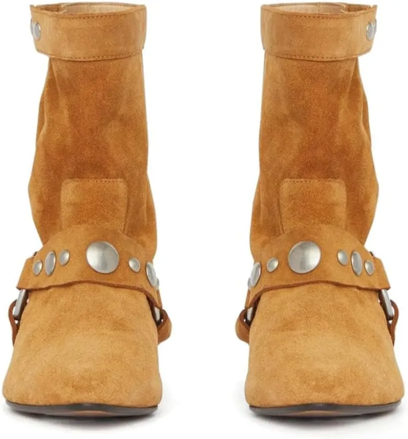 Arqa Studded Suede Ankle Boots for Women Pointed Toe Wide Calf Flat Heel Riding Boot Rivets Motorcycle Boots