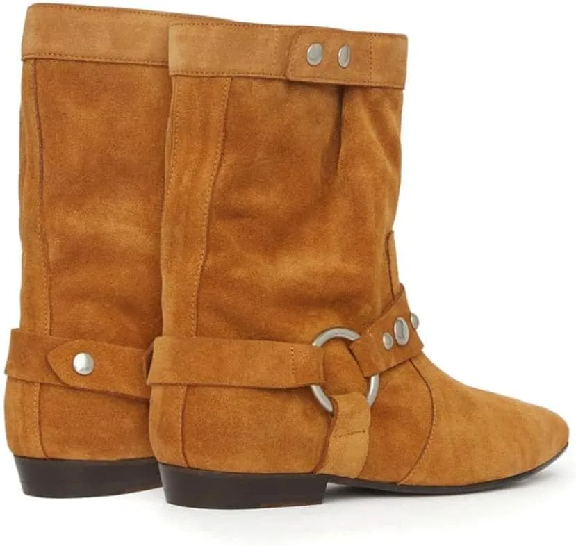 Arqa Studded Suede Ankle Boots for Women Pointed Toe Wide Calf Flat Heel Riding Boot Rivets Motorcycle Boots