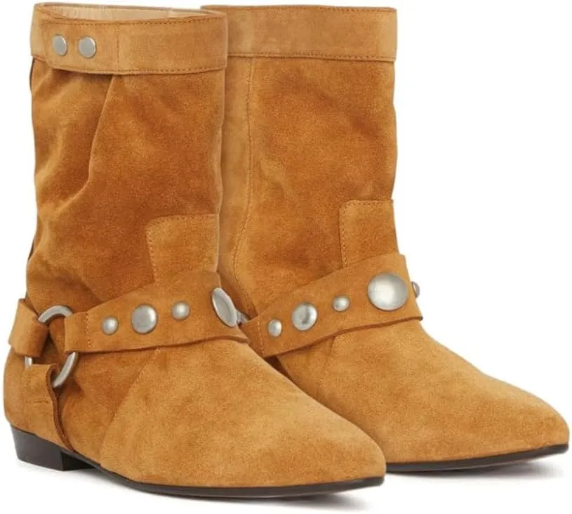Arqa Studded Suede Ankle Boots for Women Pointed Toe Wide Calf Flat Heel Riding Boot Rivets Motorcycle Boots