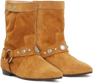 Arqa Studded Suede Ankle Boots for Women Pointed Toe Wide Calf Flat Heel Riding Boot Rivets Motorcycle Boots