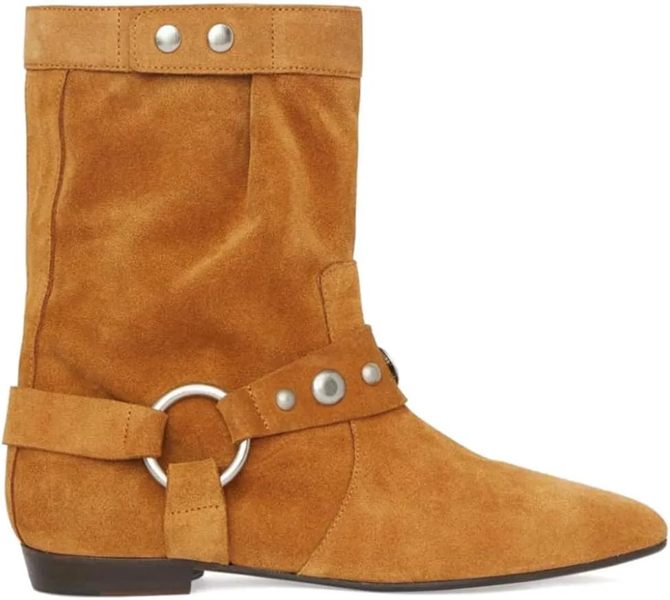 Arqa Studded Suede Ankle Boots for Women Pointed Toe Wide Calf Flat Heel Riding Boot Rivets Motorcycle Boots