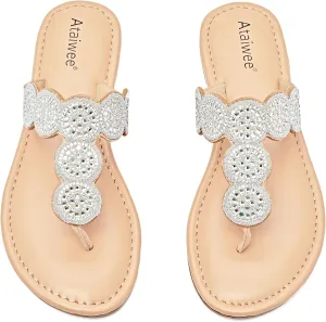 Ataiwee Women's Flat Slide Sandals - Casual Bling Bohemian Thong Slip on Summer Flat Sandals.