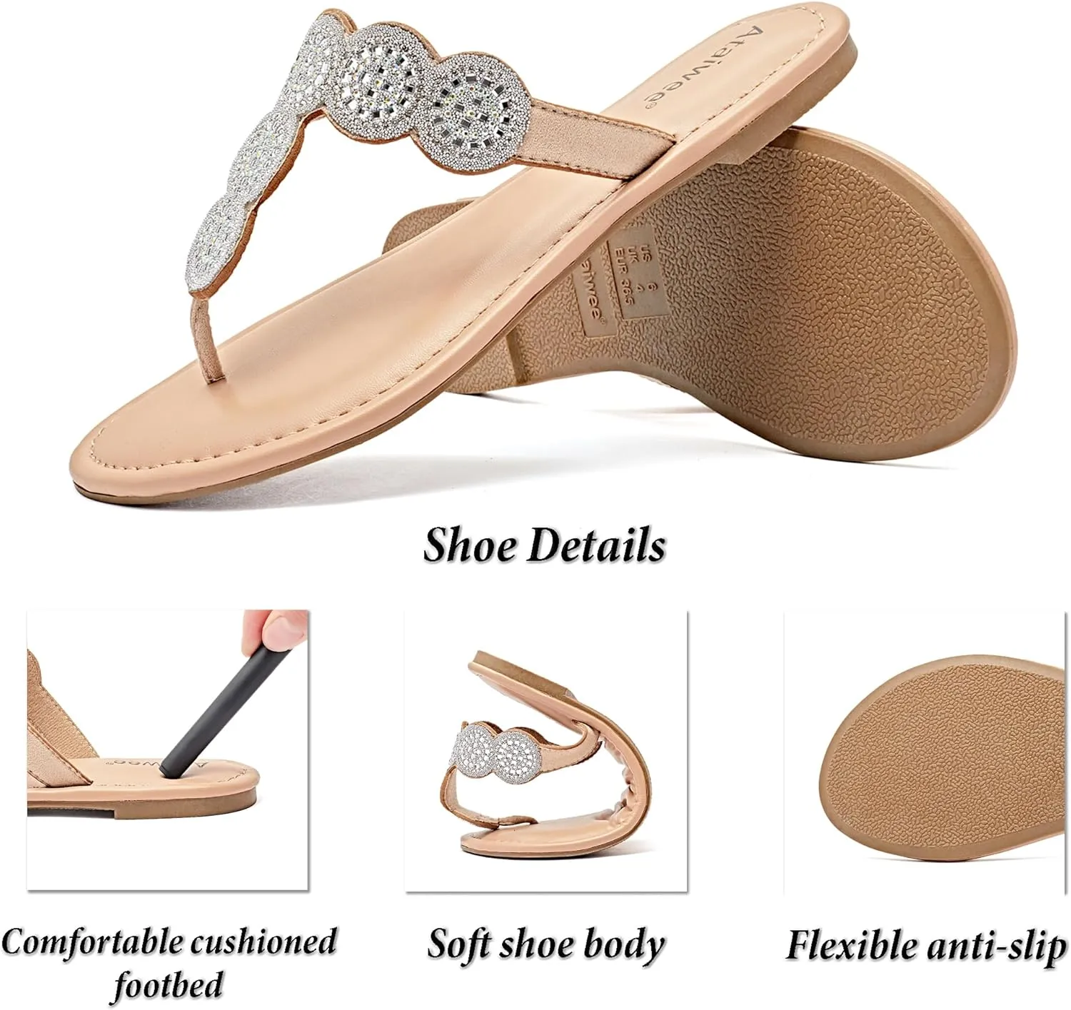 Ataiwee Women's Flat Slide Sandals - Casual Bling Bohemian Thong Slip on Summer Flat Sandals.