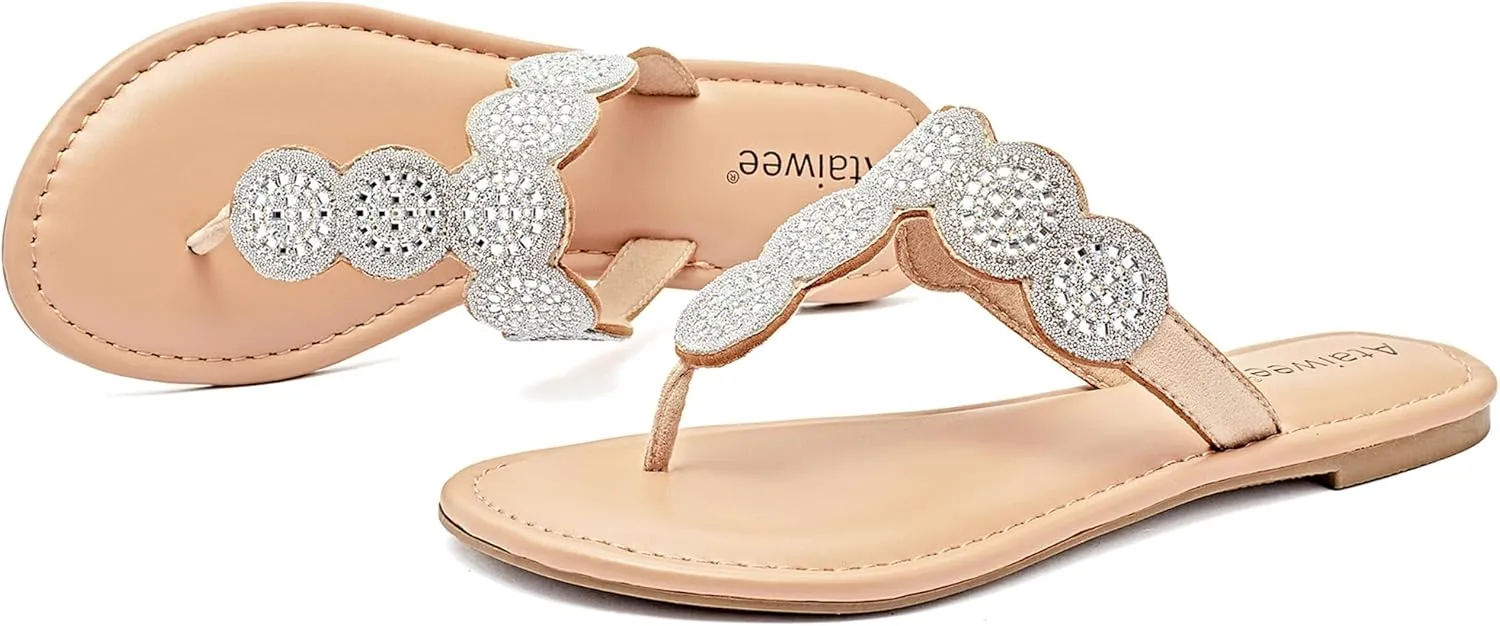 Ataiwee Women's Flat Slide Sandals - Casual Bling Bohemian Thong Slip on Summer Flat Sandals.