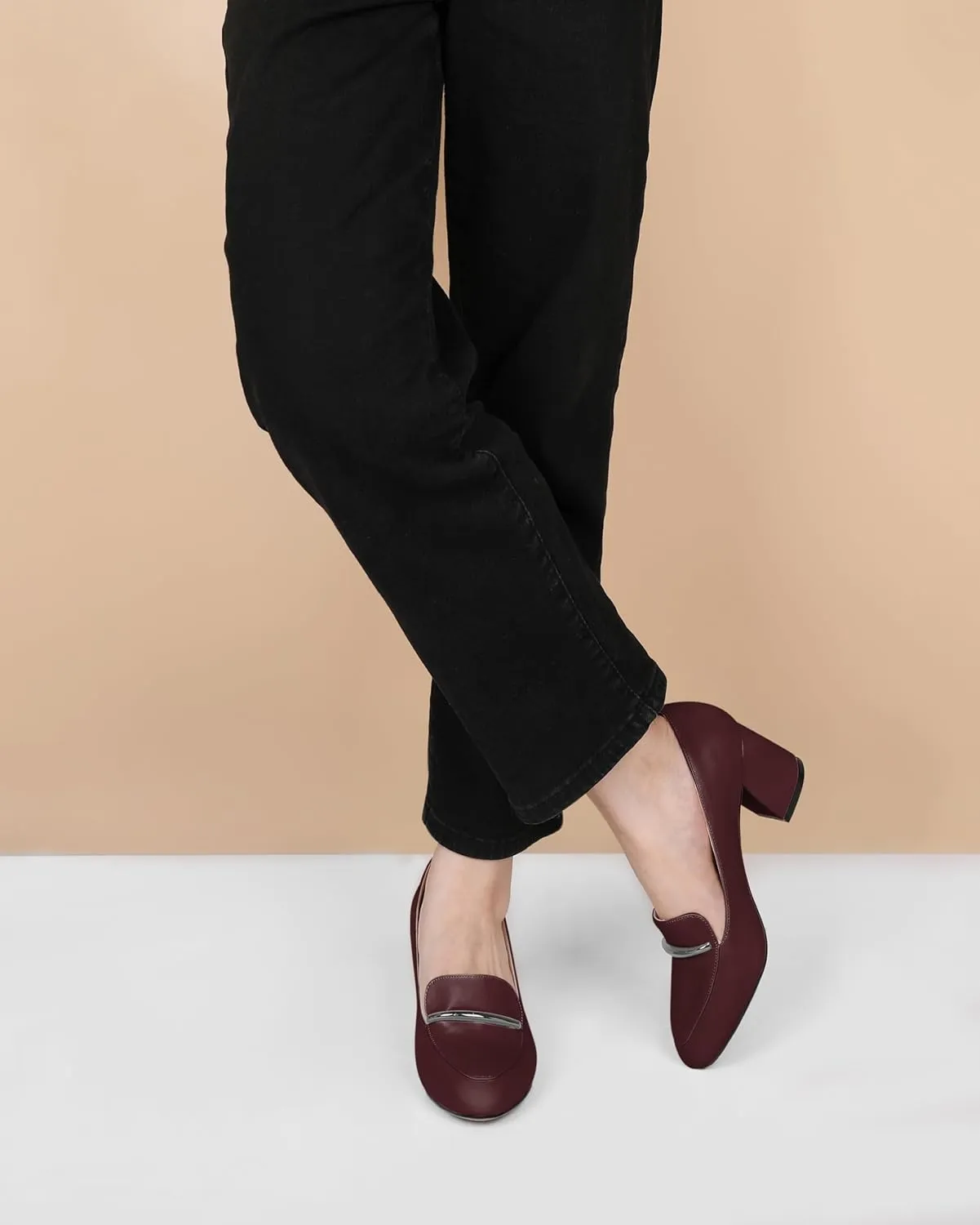 AUMOTED Heeled Loafers for Women Block Heel Loafers Comfortable Round Toe Chunky Pumps Women Work Low Heels Office Shoes 2.5 Inch
