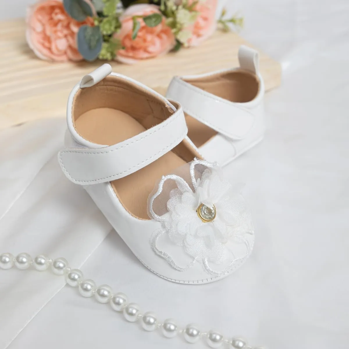 Baby Girls Soft Princess Dress Flats Shoes Infant Wedding Mary Jane Anti-Slip First Walker Newborn Shoe Baptism Christening Texture Sole Sneaker Shoes