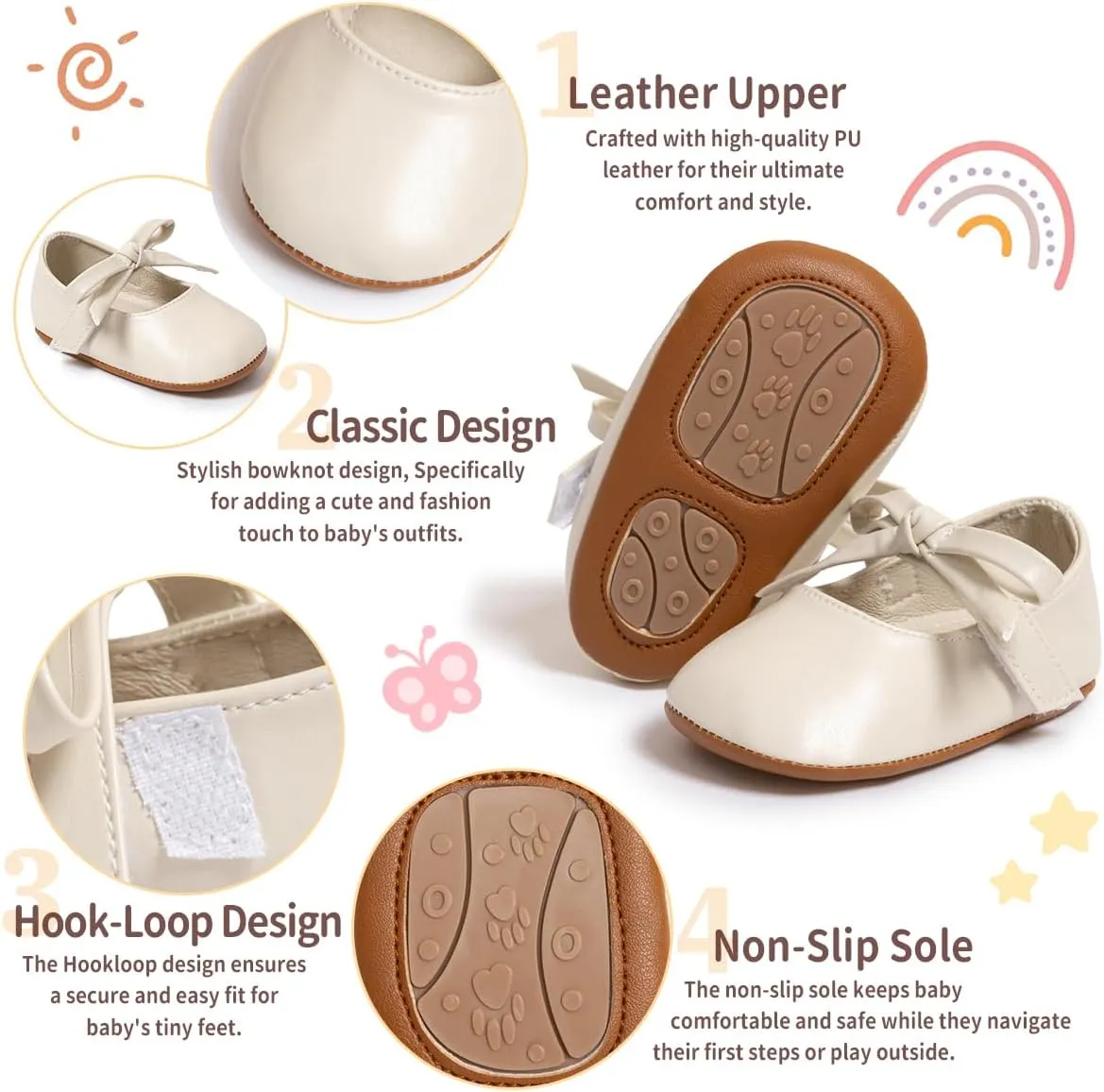 Baby Girls Soft Princess Dress Flats Shoes Infant Wedding Mary Jane Anti-Slip First Walker Newborn Shoe Baptism Christening Texture Sole Sneaker Shoes