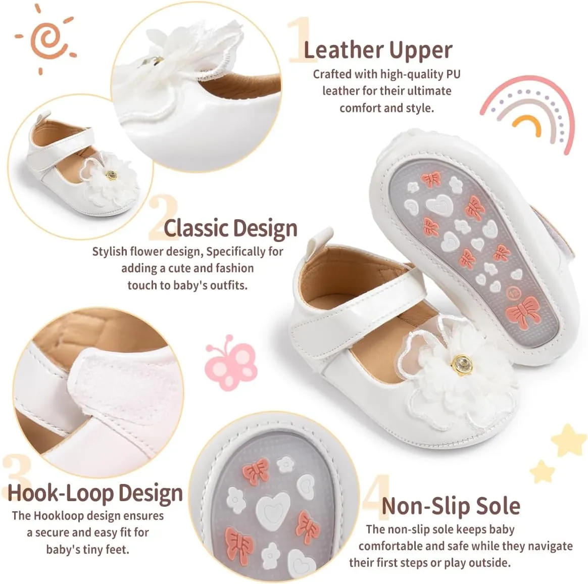 Baby Girls Soft Princess Dress Flats Shoes Infant Wedding Mary Jane Anti-Slip First Walker Newborn Shoe Baptism Christening Texture Sole Sneaker Shoes