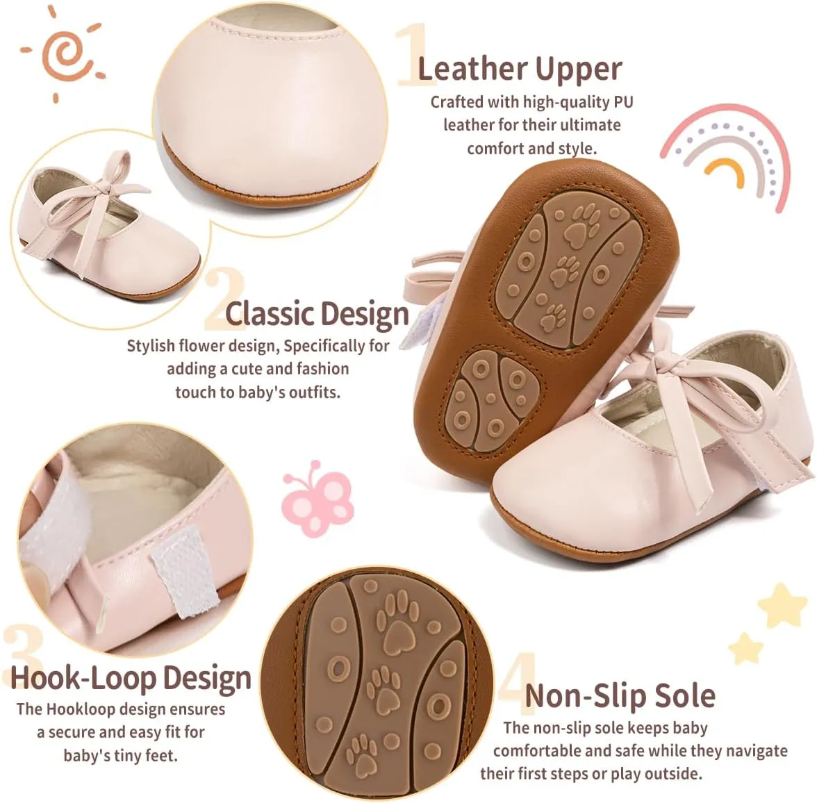 Baby Girls Soft Princess Dress Flats Shoes Infant Wedding Mary Jane Anti-Slip First Walker Newborn Shoe Baptism Christening Texture Sole Sneaker Shoes