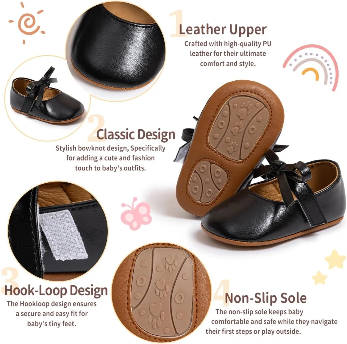 Baby Girls Soft Princess Dress Flats Shoes Infant Wedding Mary Jane Anti-Slip First Walker Newborn Shoe Baptism Christening Texture Sole Sneaker Shoes