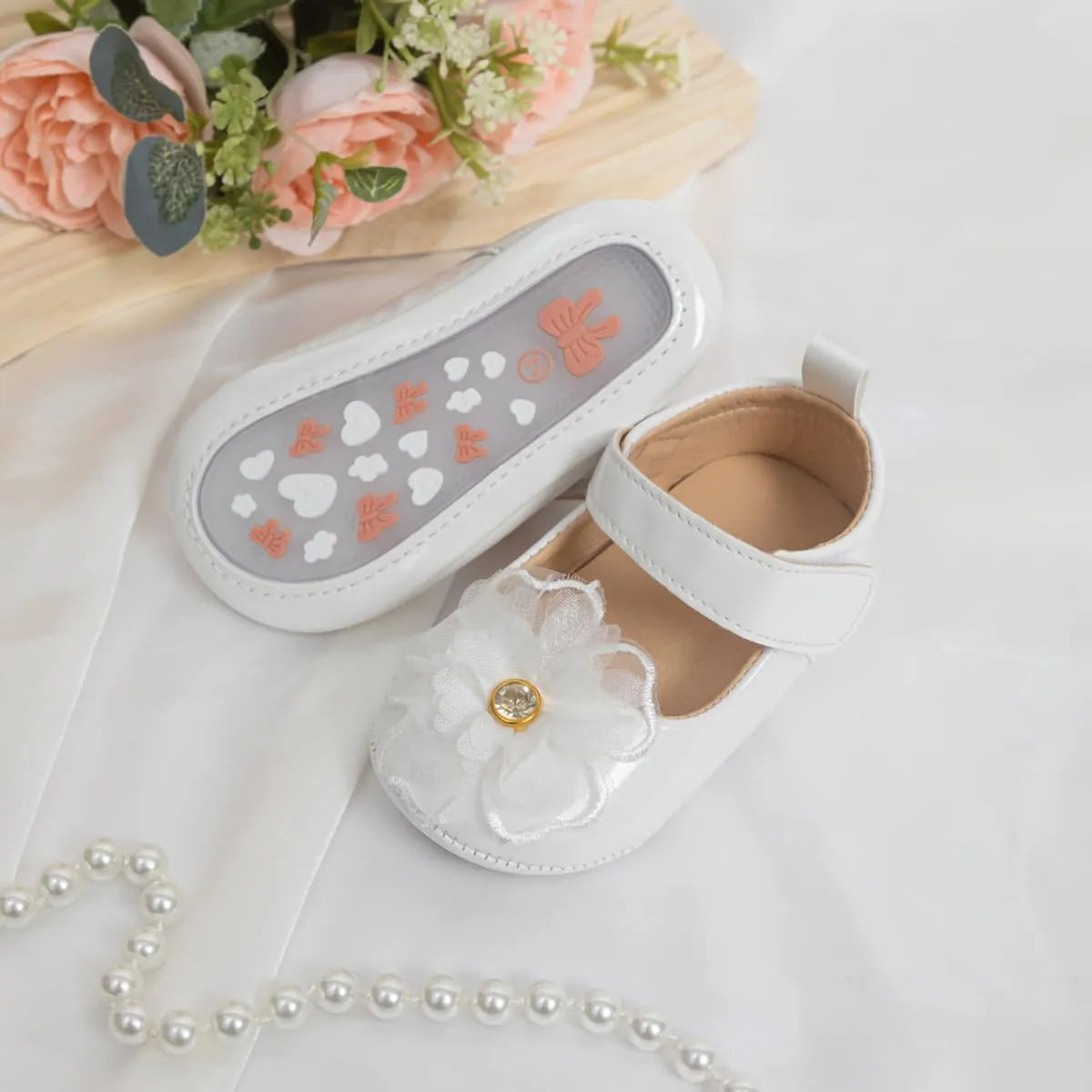 Baby Girls Soft Princess Dress Flats Shoes Infant Wedding Mary Jane Anti-Slip First Walker Newborn Shoe Baptism Christening Texture Sole Sneaker Shoes