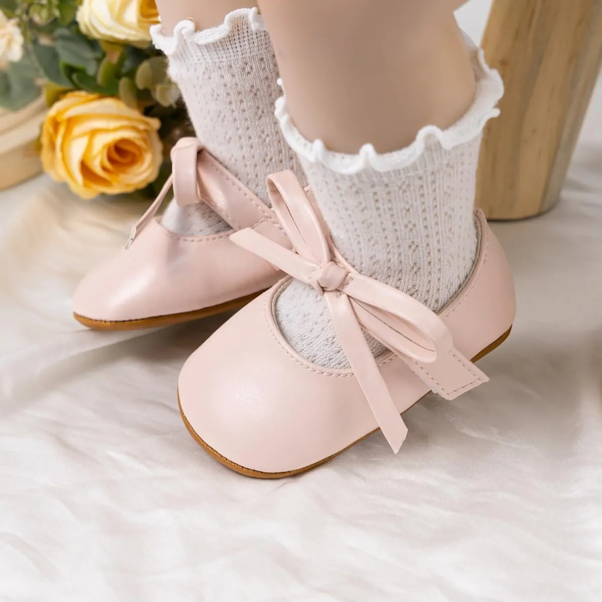 Baby Girls Soft Princess Dress Flats Shoes Infant Wedding Mary Jane Anti-Slip First Walker Newborn Shoe Baptism Christening Texture Sole Sneaker Shoes