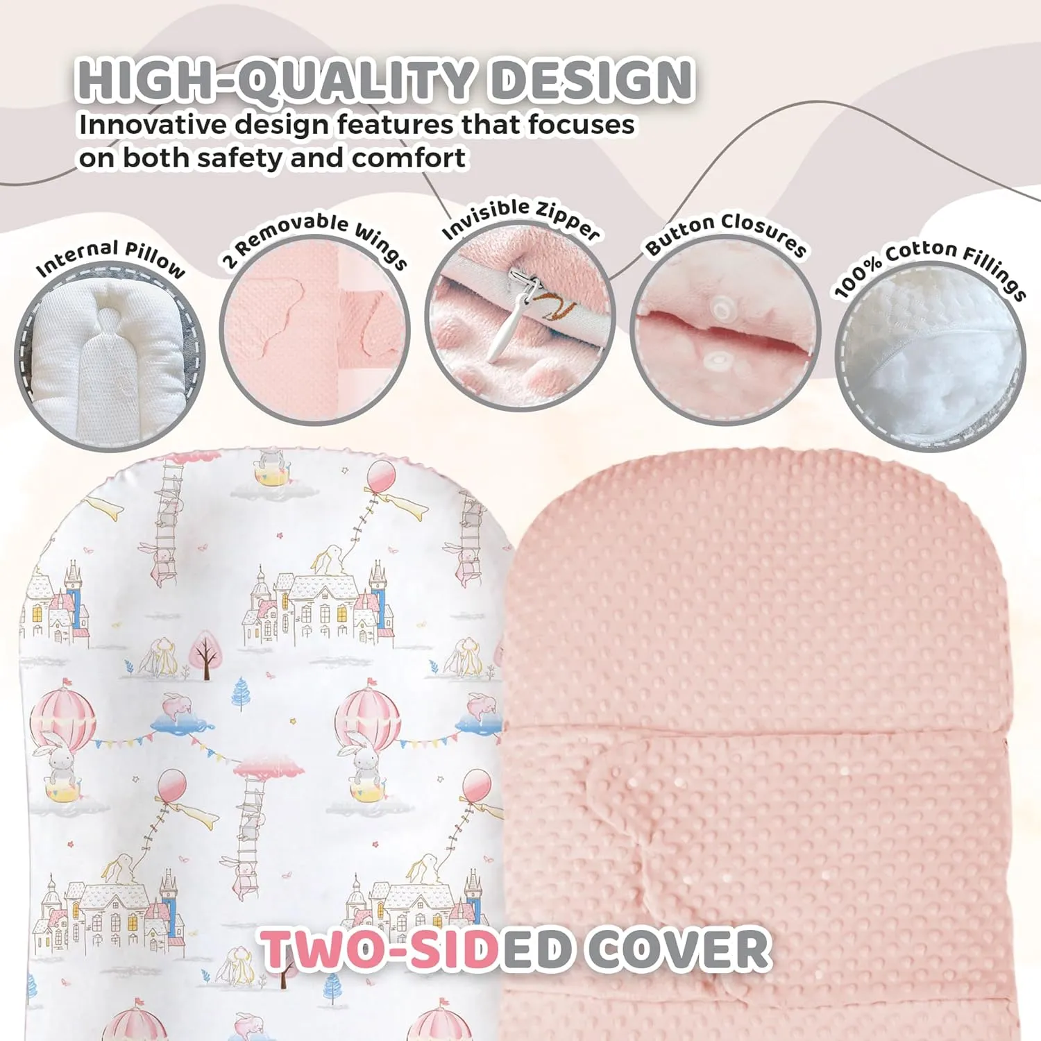 Baby Lounger, Baby Lounger Pillow, 2 Sides Soft & Breathable 100% Cotton Cover, 0-24 Months Portable Infant Nest, Large Newborn Pillow, New Born Essentials Must Haves (Pale Pink)