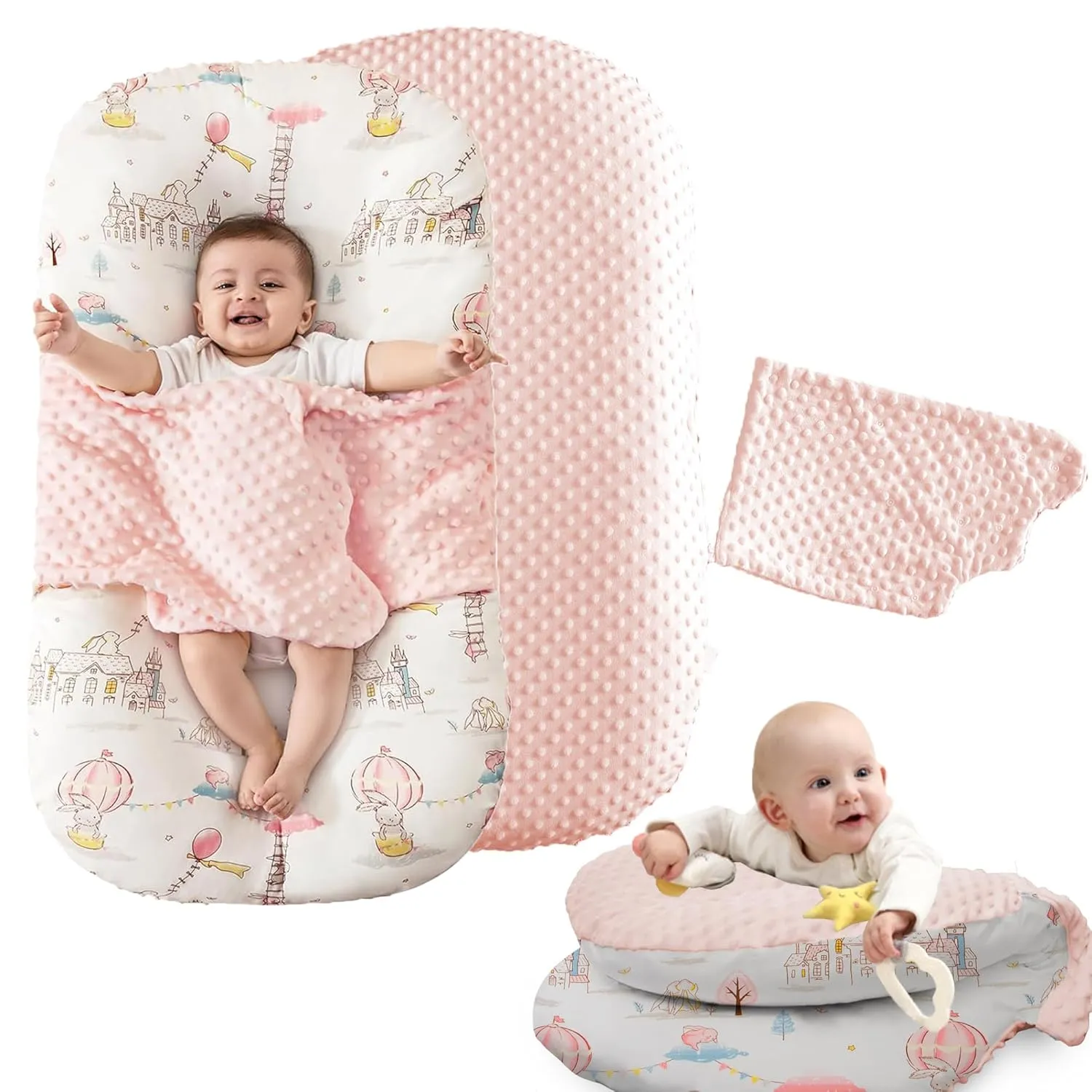 Baby Lounger, Baby Lounger Pillow, 2 Sides Soft & Breathable 100% Cotton Cover, 0-24 Months Portable Infant Nest, Large Newborn Pillow, New Born Essentials Must Haves (Pale Pink)