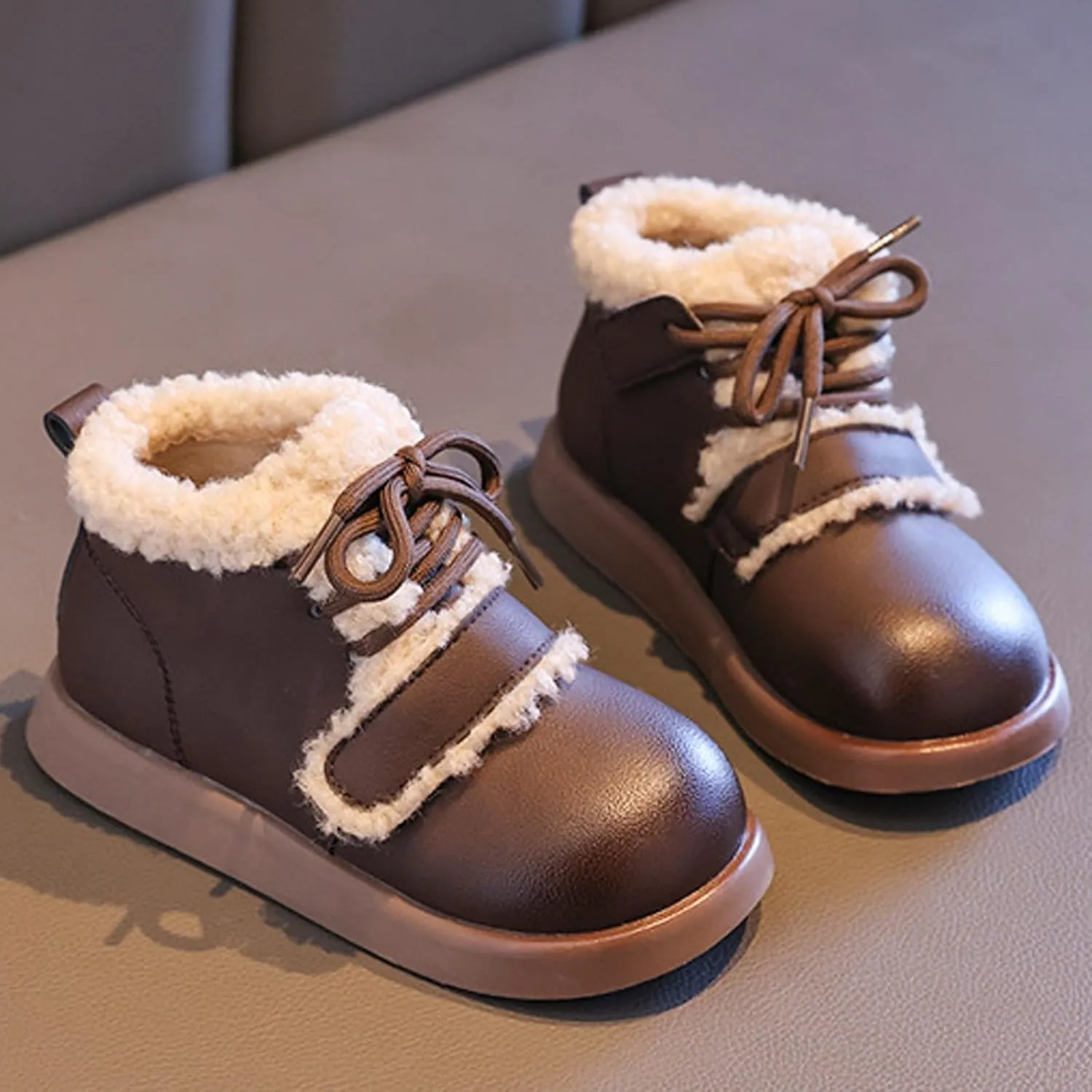 Baby Toddler Work Fleece Lined Boots Leather Lace-Up Soft Flat Ankle Snow Boots Kids Rubber Sole Slip Prewalker Boots