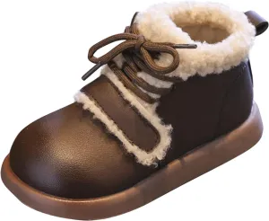 Baby Toddler Work Fleece Lined Boots Leather Lace-Up Soft Flat Ankle Snow Boots Kids Rubber Sole Slip Prewalker Boots