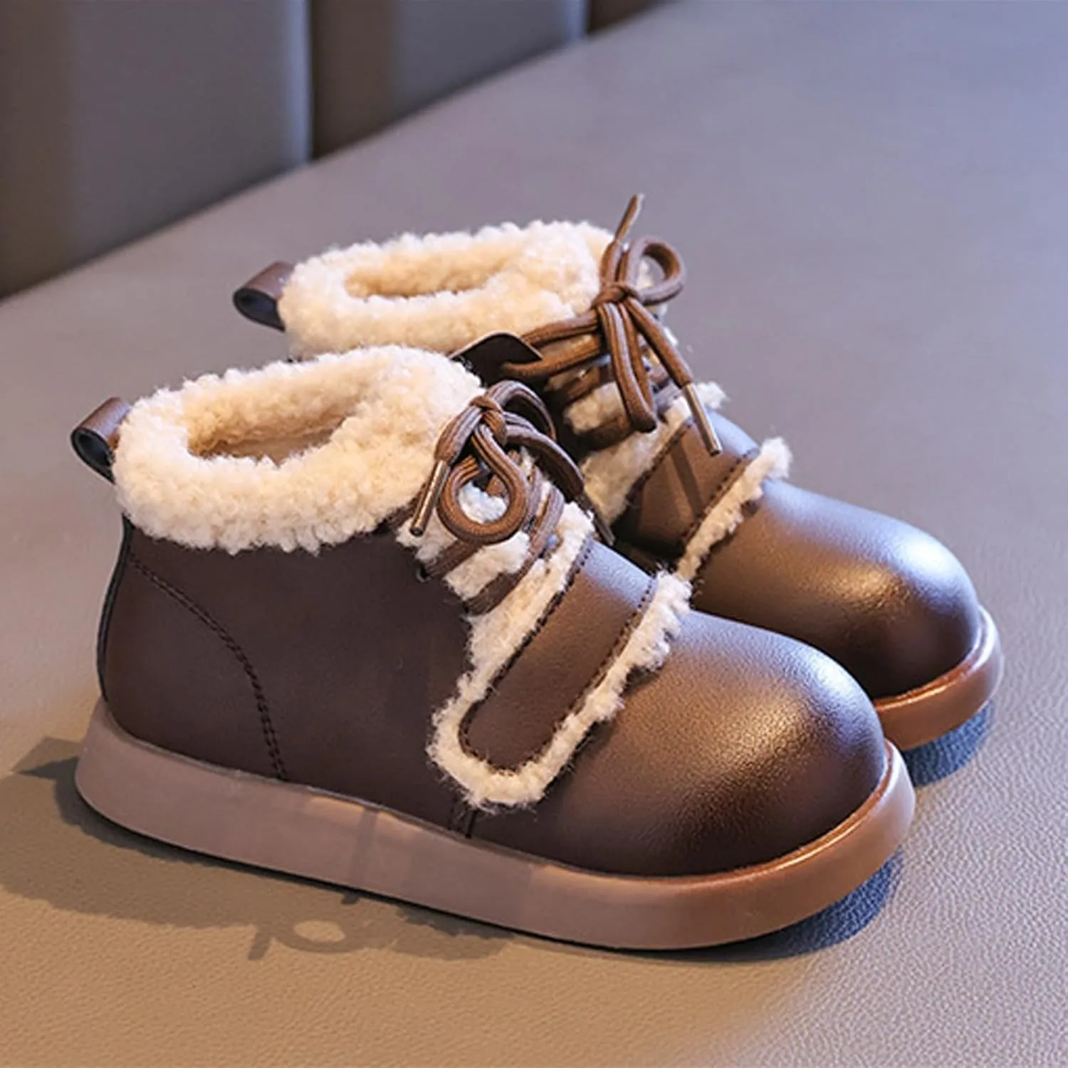 Baby Toddler Work Fleece Lined Boots Leather Lace-Up Soft Flat Ankle Snow Boots Kids Rubber Sole Slip Prewalker Boots