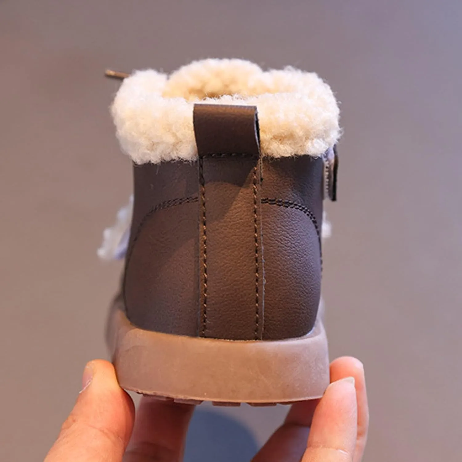Baby Toddler Work Fleece Lined Boots Leather Lace-Up Soft Flat Ankle Snow Boots Kids Rubber Sole Slip Prewalker Boots
