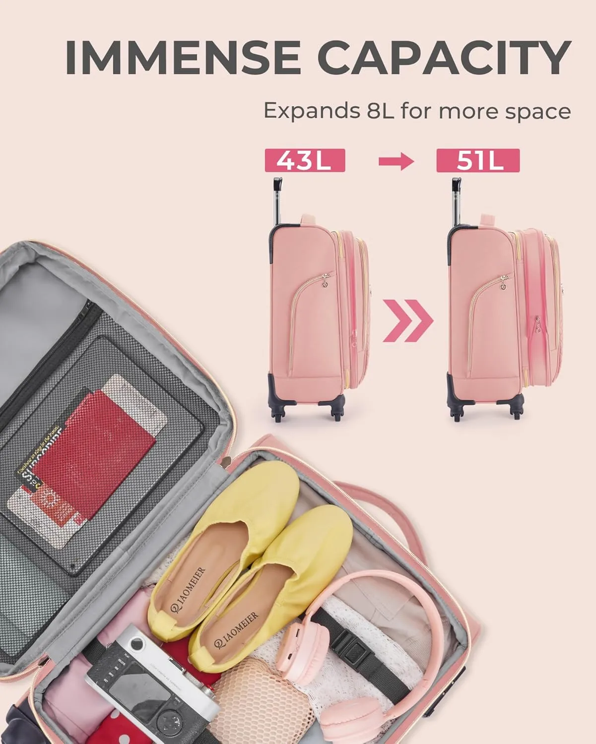 BAGSMART 20 Inch Carry On Suitcase, Lightweight, Expandable, TSA Lock, Polyester, Pink